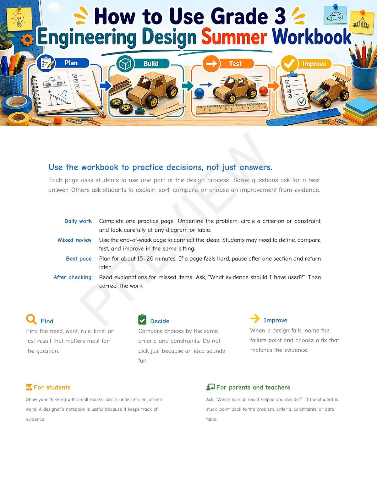 Practice activity sample from Wisconsin Grade 3 Engineering Design Summer Workbook