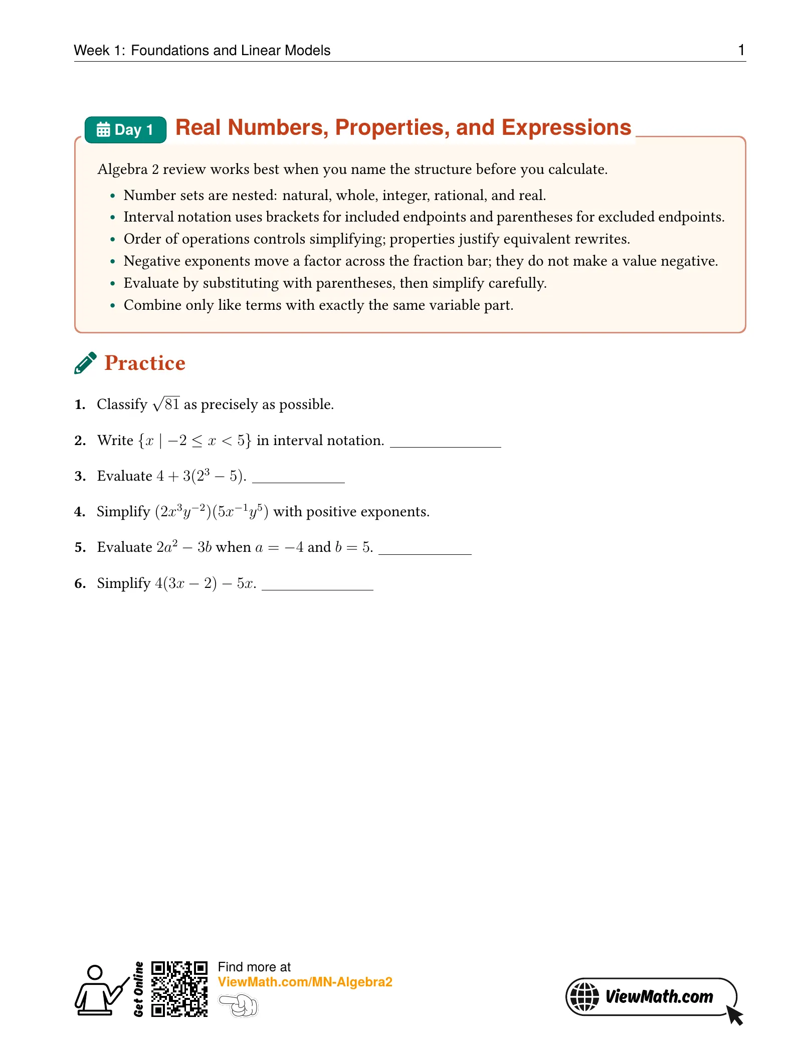 Representative ViewMath book learning or practice page