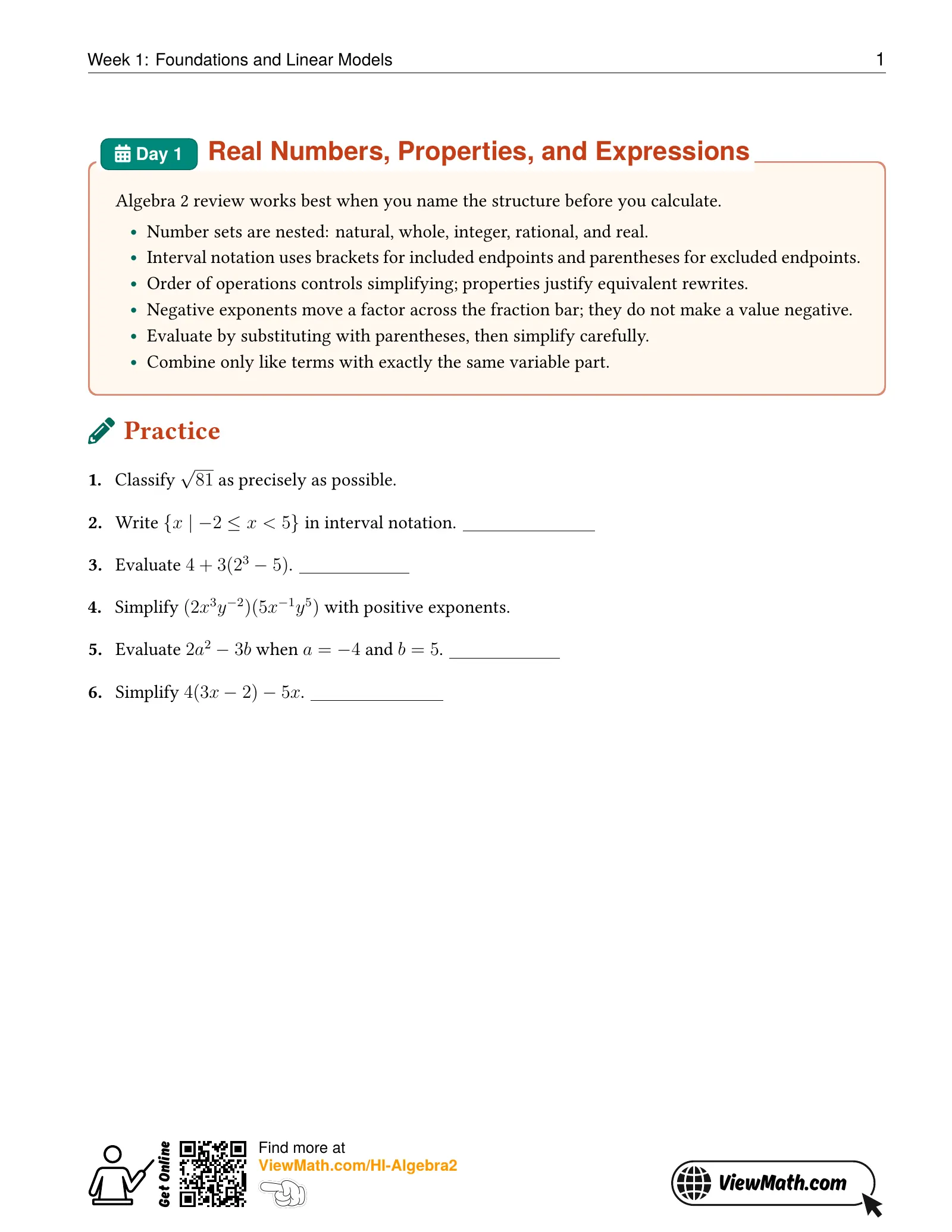 Representative ViewMath book learning or practice page