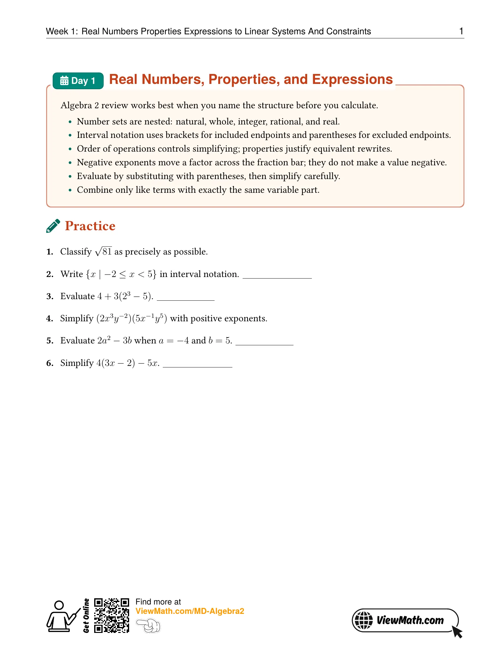 Representative ViewMath book learning or practice page